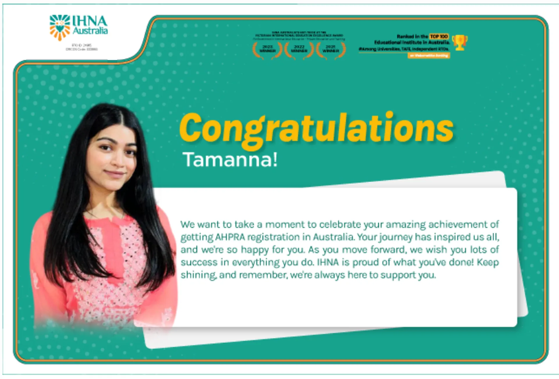 Tamanna’s Triumph: A Testament to IHNA’s Dedication and Success in Nursing Education